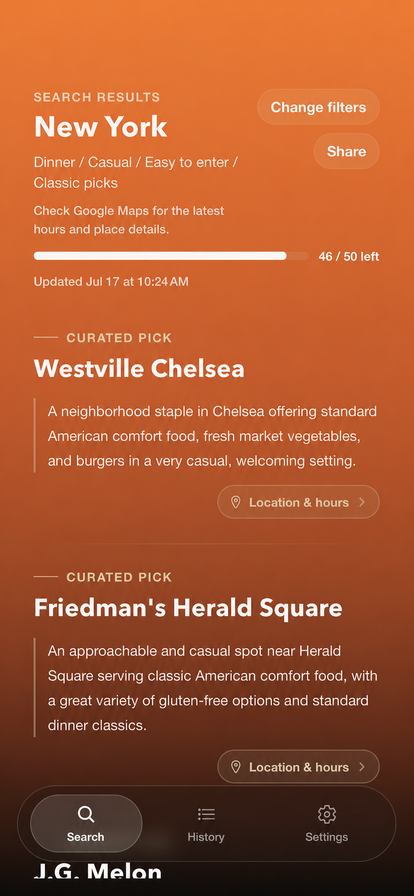 Find Eats result screen showing curated restaurant picks, each with a short reason why it fits